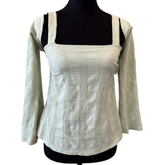 New TOPSHOP Green Plaid Long Sleeve Cold Shoulder Blouse Top Size 4 - Picture 4 of 7